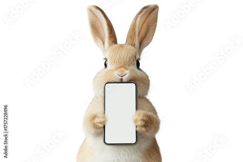 Cute fluffy bunny holding a mobile phone isolated on transparent background. A cute rabbit poses with a cell phone isolated on white background.