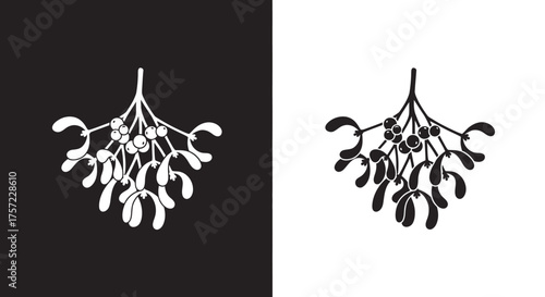 Minimalist Mistletoe Sprig Vector Icon in Black and White for Winter Holiday Graphics