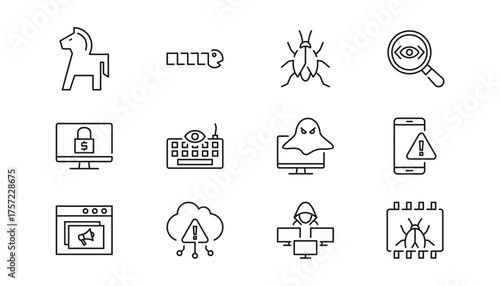 32.	Malware icon set containing various types of malware. Trojan horse, worm, viruses, spyware, ransomware, key logger, rootkits, mobile, adware, IoT, botnets and fileless malware vector icons