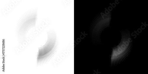 Dynamic abstract spiral sound wave rhythm lines. Circular spiral sound wave rhythm of lines. Circular futuristic abstract lines, black and white background.	