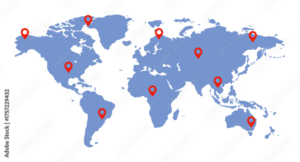 Fototapeta premium World map with red map pins in different locations. Earth infographic map.