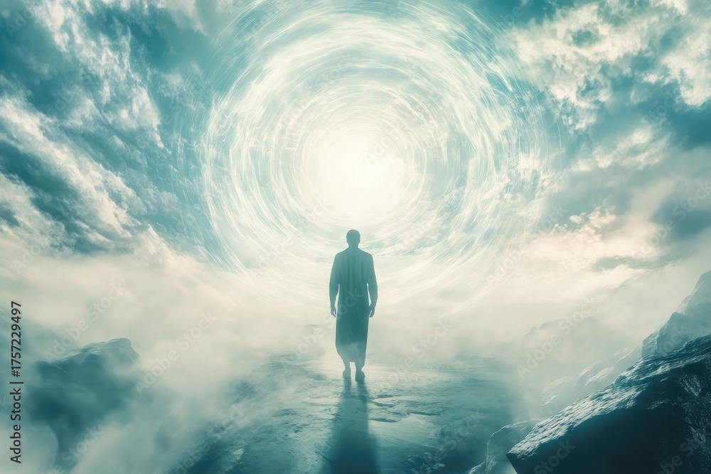 Obraz premium Man walks towards a bright light in a mystical landscape filled with clouds and ethereal glow