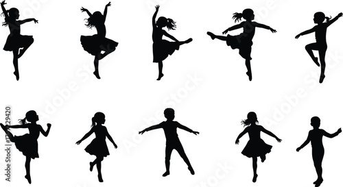 Children dance silhouettes, kids dancing poses, expressive movement, modern dance, ballet practice, hip hop style, performance art, fitness activity, vector illustration, black figures