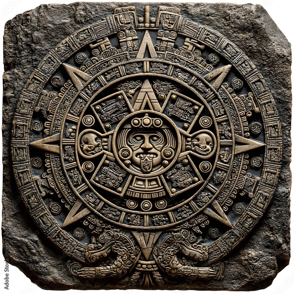 Obraz premium Ancient aztec sun stone calendar carving with intricate details