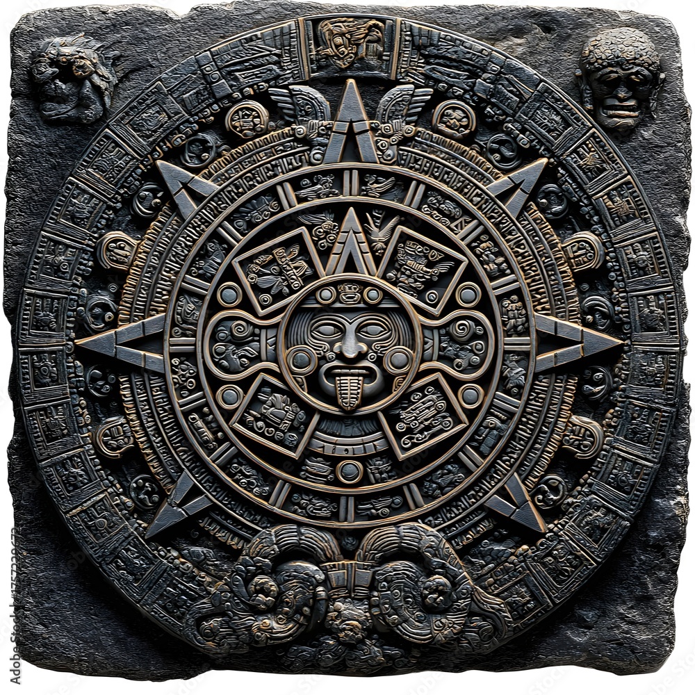 Obraz premium Detailed aztec sun stone calendar carving on rough stone