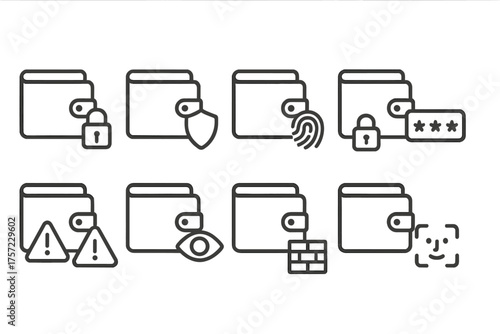 Set of monochromatic line style wallet icons with security and alert symbols