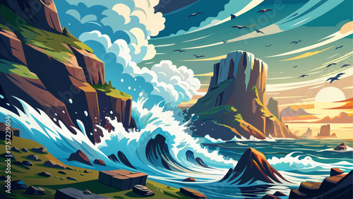Tsunami crashing into rocky coastline, cliffs covered in sea spray, waves exploding against stones, seagulls flying above dramatic horizon, cinematic sense of natural power and motion