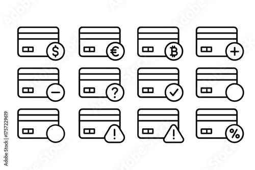 Set of monochrome credit card icons with symbols in circles, minimalistic line style