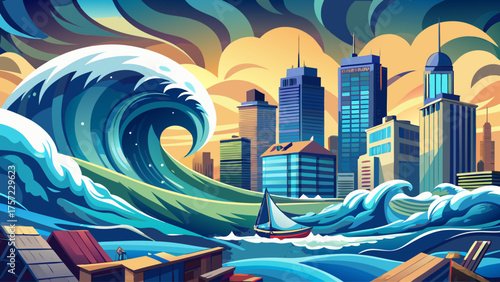 Massive tsunami approaching coastal city skyline, skyscrapers reflecting stormy sky, waves towering with force, boats tossed by raging sea, cinematic and realistic urban disaster scene