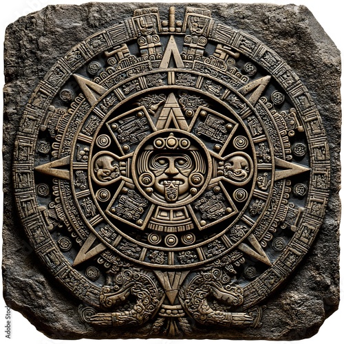 Ancient aztec sun stone calendar carving with intricate details