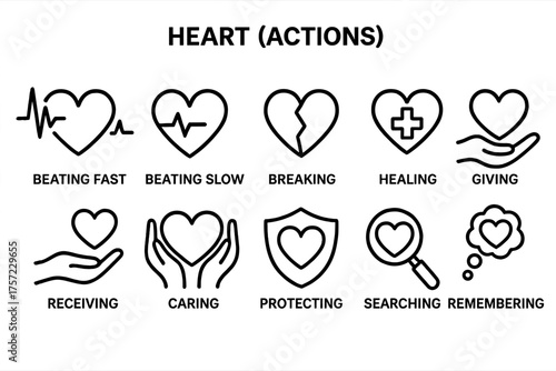 Set of heart icons with emotional actions in black outline style