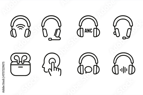 Set of black and white line-drawn headphone icons with wireless, microphone, ANC features
