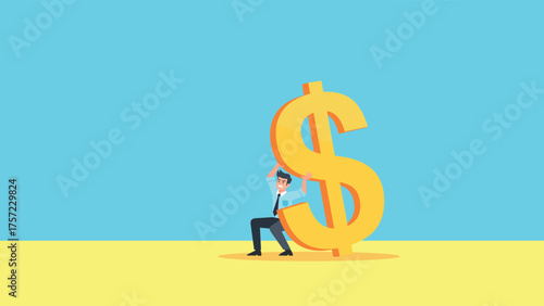 A vector illustration of a man in business attire trying to lift a large dollar sign. His facial expression suggests great effort or financial stress. This image symbolizes economic burden, financial 