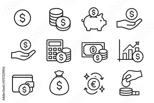 Set of 12 line-drawn finance and money management icons in grid layout