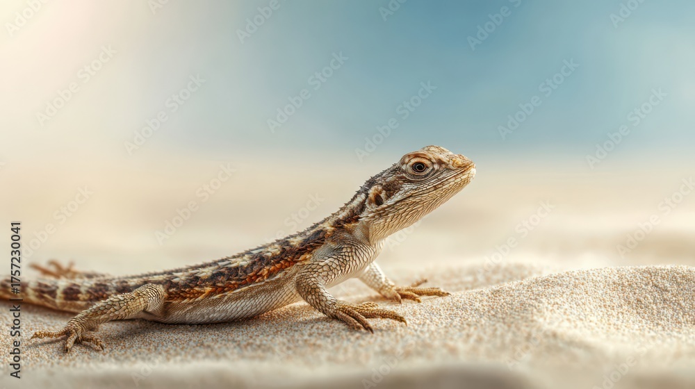 Fototapeta premium Bright sun beats down on a sandy terrain where a curious lizard explores its surroundings
