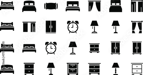 Collection of bedroom furniture and decor icons including beds nightstands wardrobes alarm clocks and lamps isolated on transparent background