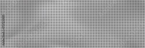 Silver perforated with round regular holes speaker mesh seamless bg on black backdrop. Tin metal radiator background. Car air circulation protection. Vector illustration