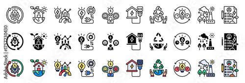 Set Of Energy Management collection. with Outline, Glyph and Flat Line style. Containing Green House, High Energy Consumption, Electricity Operation, Energy User Behavior, Energy Load.