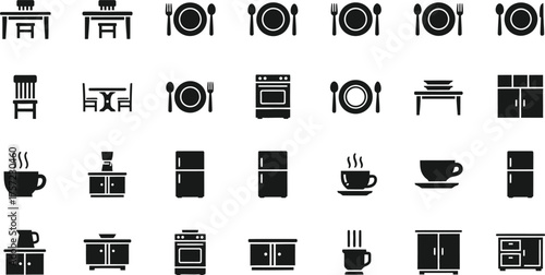 Collection of kitchen and dining related icons representing tables chairs plates cutlery ovens refrigerators and cabinets isolated on transparent background