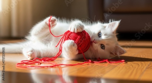 Cute white kitten playing with red yarn on wood floor