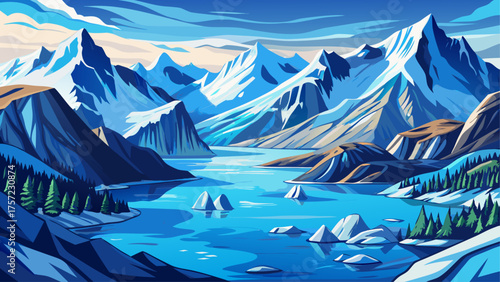 Very beautiful Glacier Bay National Park watercolor illustration, hand-drawn in soft blue and white tones, depicting glaciers, mountains, and calm ocean waters, capturing Alaska’s pristine natural 