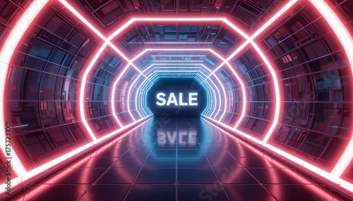 Sale sign in neon tunnel with octagon lights and reflection on floor, futuristic design