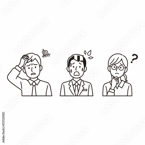 Set of Three Line Art Businesspeople Showing Stress, Confusion, and Trouble