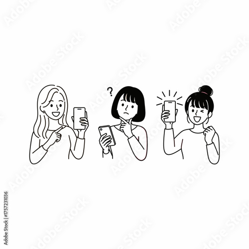 Set of Three Line Art Women Using Smartphones with Various Expressions