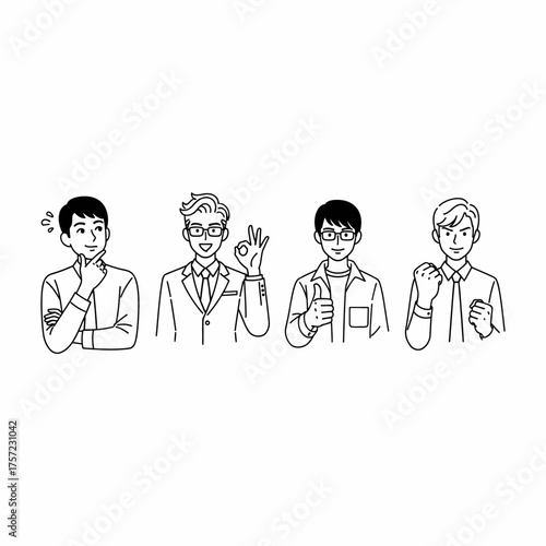 Four Business Men with Various Expressions and Poses Line Art Set