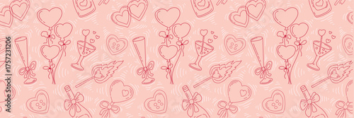 Festive seamless pattern with pink elements in a coquette aesthetic for Valentine's Day and girls bachelor party. Holiday background in doodle style for wedding, gift wrap, diary and scrapbook.
