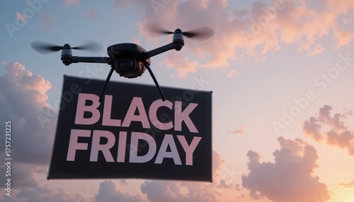 A drone carrying a black friday banner against a sky with pink and orange clouds at sunset