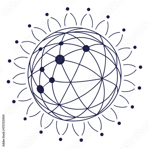 Dark blue globe formed by lines with nodes encircled by connecting segments on transparent background
