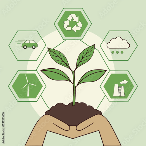 Diverse hands cradling a young sapling below environmental icons, symbolizing ecological awareness and conservation efforts