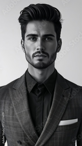 man in modern monochrome outfit portrait plain white background