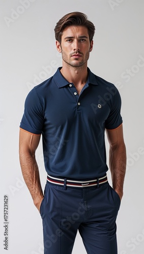 man in rolled sleeve polo outfit portrait plain white background