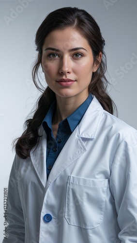 woman in laboratory technician coat portrait plain white background