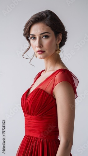 woman in red carpet dress portrait plain white background
