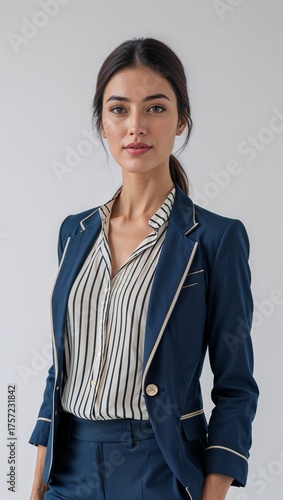woman in striped blouse and blazer portrait plain white background