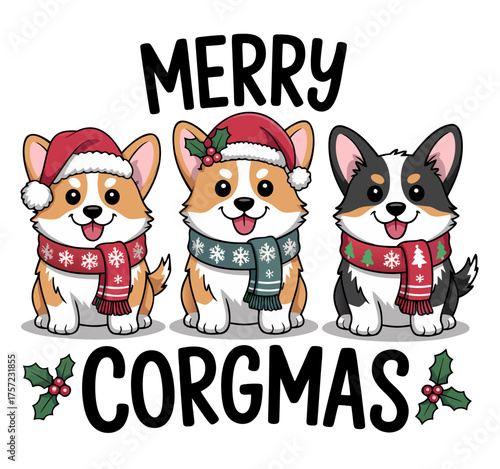 A cute cartoon illustration of three corgi dogs
wearing Christmas-themed outfits. The text "MERRY CORGMAS" appears at the top and bottom of the image in bold black letters
