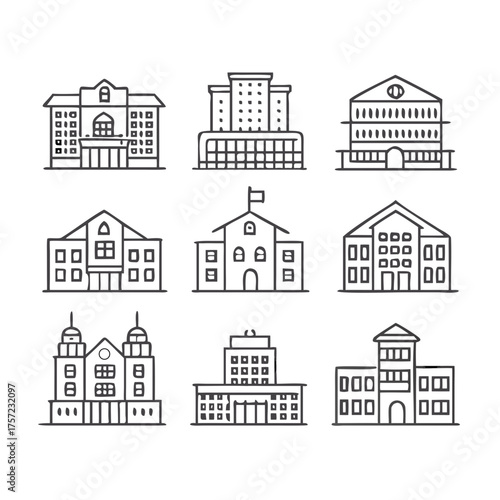 Vector icon set of public buildings, schools, and city halls