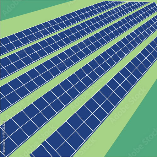 Multiple arrays of blue solar panels span outwards across a green abstract surface