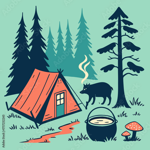 Wilderness camping adventure with a bear visiting a forest campsite