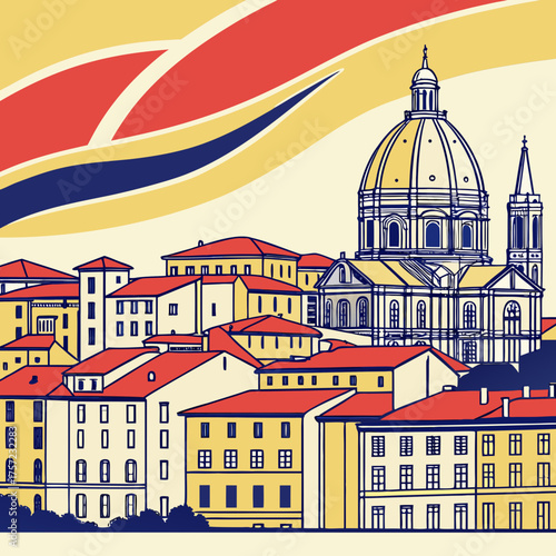 Stylized Illustration of an Old Italian City with a Grand Cathedral
