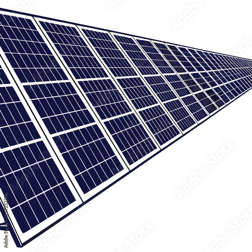 Perspective showcases many blue photovoltaic panels forming a grid pattern on a white background
