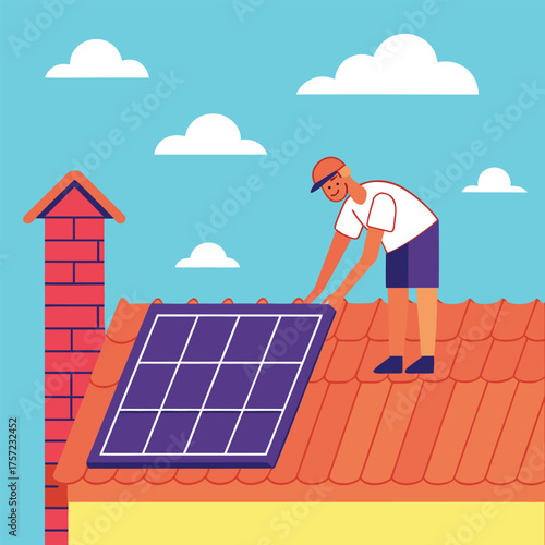Smiling technician adjusts a solar panel on a rooftop against a blue sky backdrop