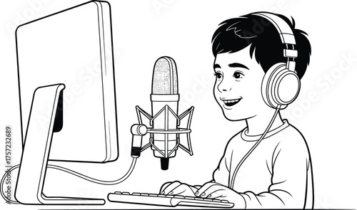 Child with headphones, podcast recording, online learning, digital streaming, computer microphone setup, audio technology, modern education, e‑learning, kid broadcasting, media