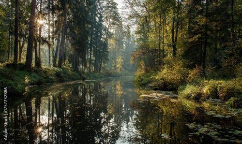 Serene Forest Reflection in Calm River Surrounded by Autumn Foliage