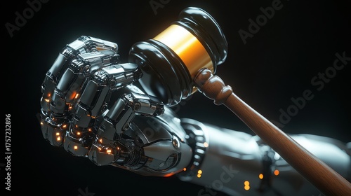A robotic hand holds a gavel in a dark setting, symbolizing the intersection of artificial intelligence and legal judgment