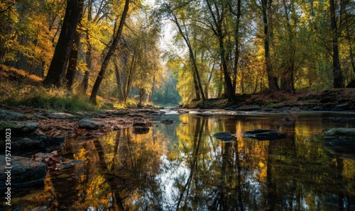 Serene Autumn Forest with Calm Stream and Colorful Leaves