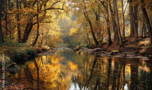 Tranquil Autumn River Surrounded by Golden Trees and Reflections